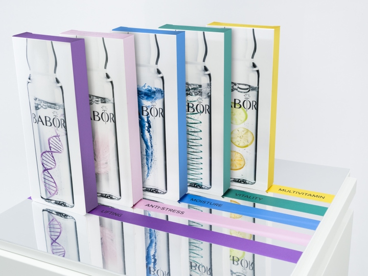 BABOR Produktverpackungen in verschiedenen Farben für unterschiedliche Pflegeserien