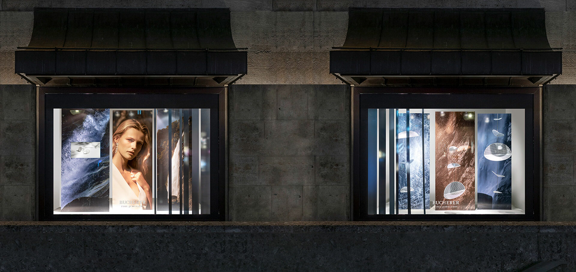 Bucherer Schaufenster mit künstlerischem Design und Modelabbildung, gestaltet von MORE PIOUS STUDIOS für Retail Design und POS & Window Campaign.