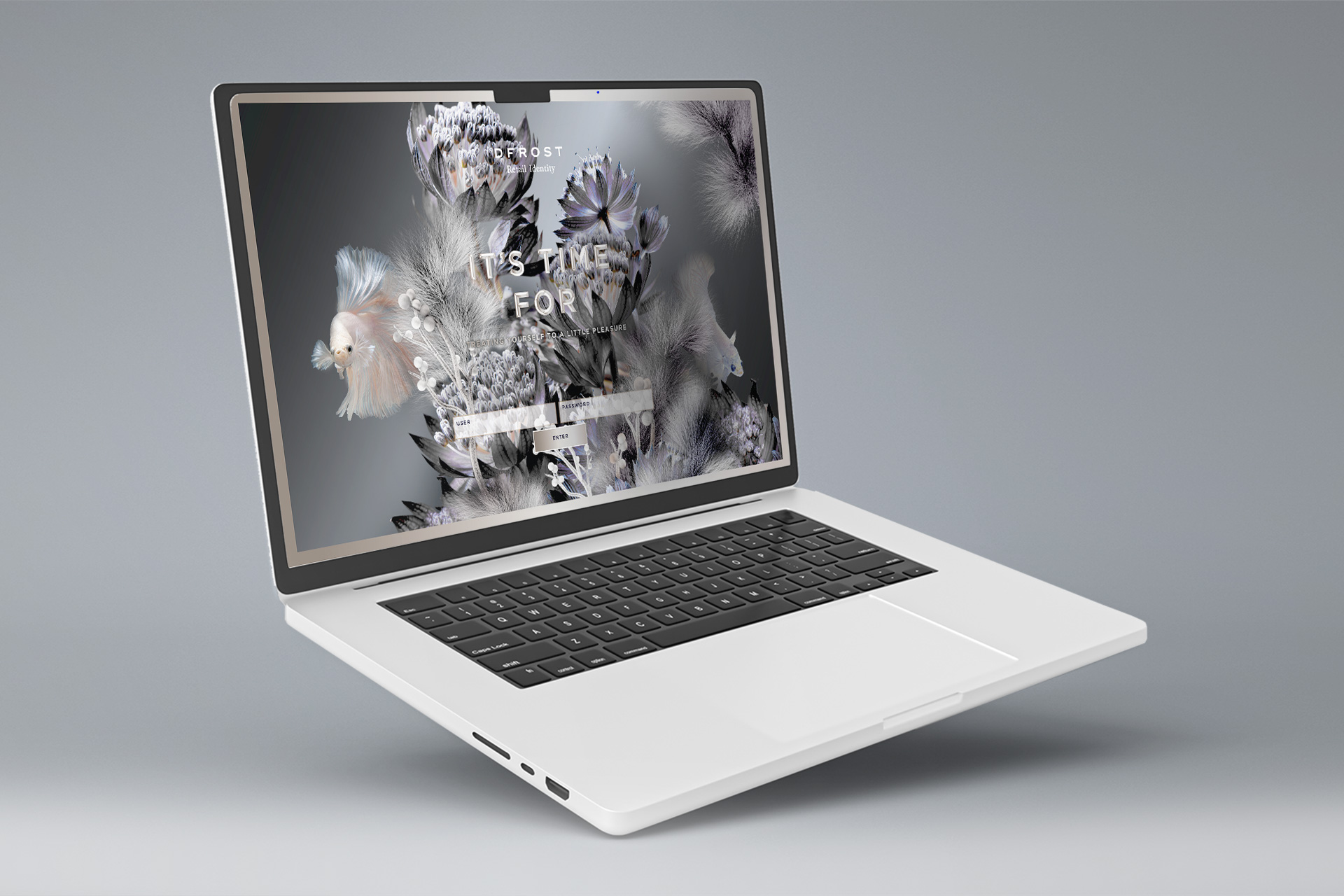 Laptopansicht der "It's Time for Christmas"-Kampagne von MORE PIOUS STUDIOS mit digitalem Retail Design.