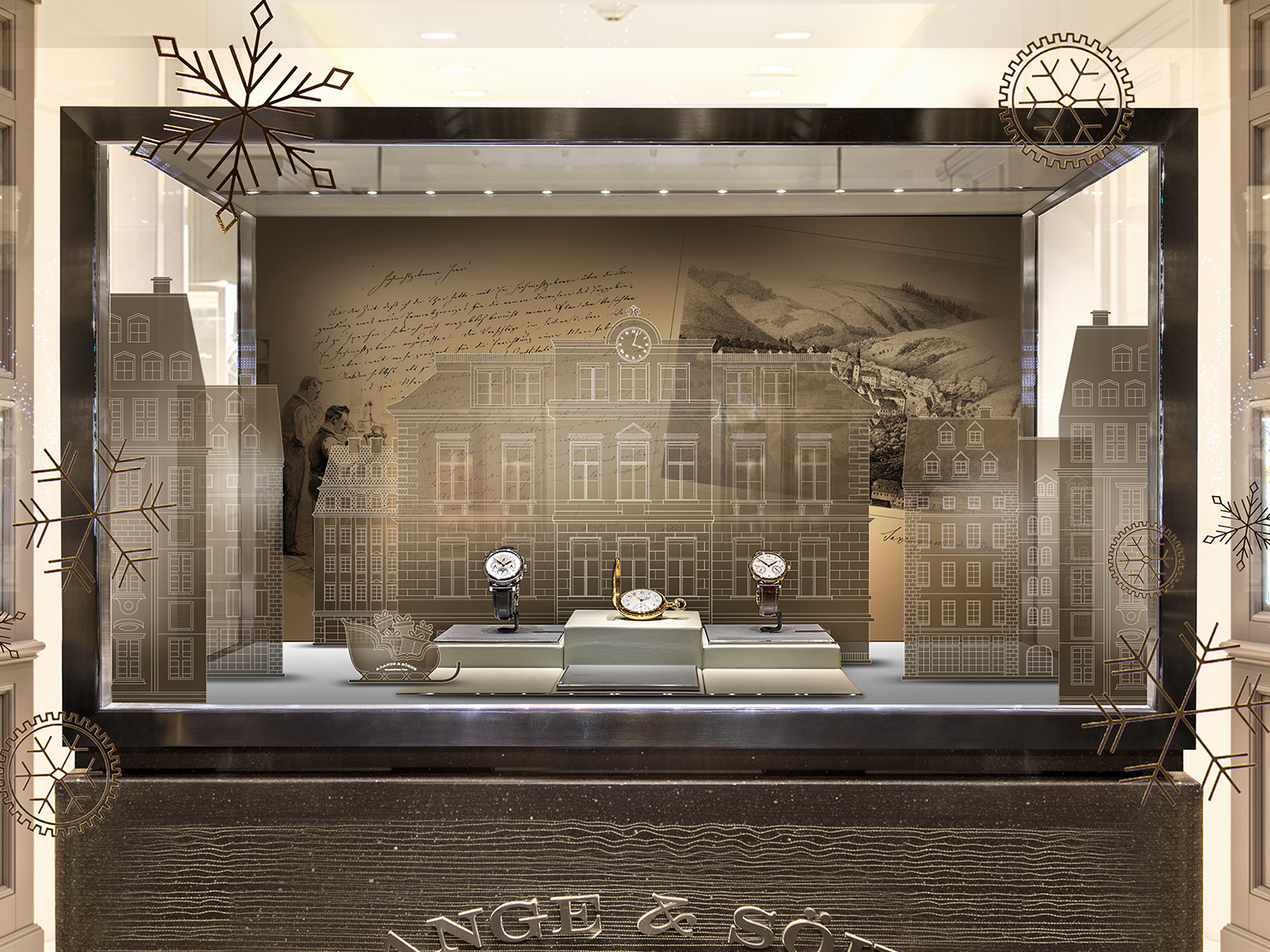 Detailaufnahme des Schaufensterdisplays von A. Lange & Söhne mit historischen Architekturmotiven und Uhren.