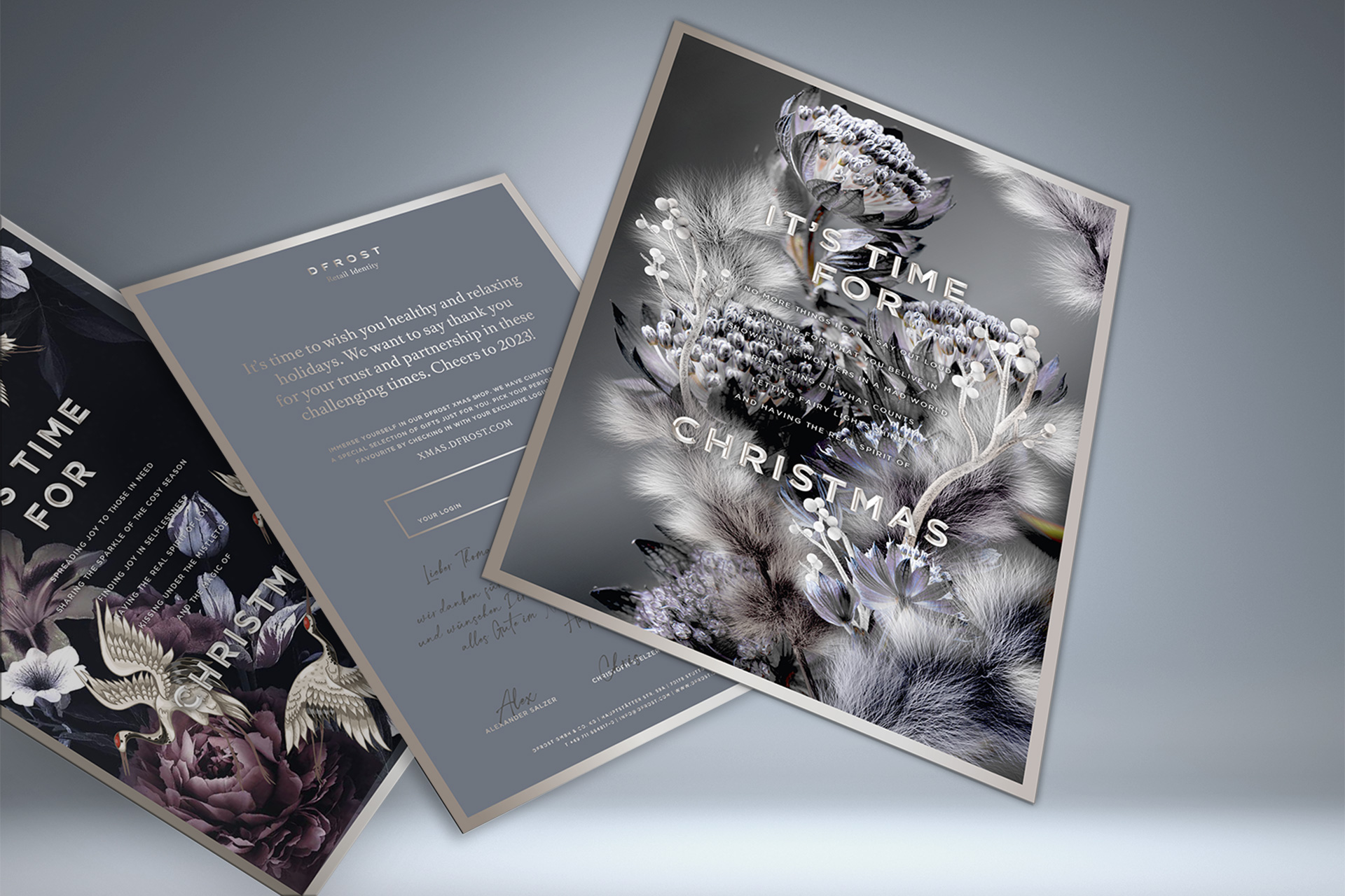 Hochwertige Weihnachtskarten von MORE PIOUS STUDIOS mit floralen Designs und innovativem Retail Design.