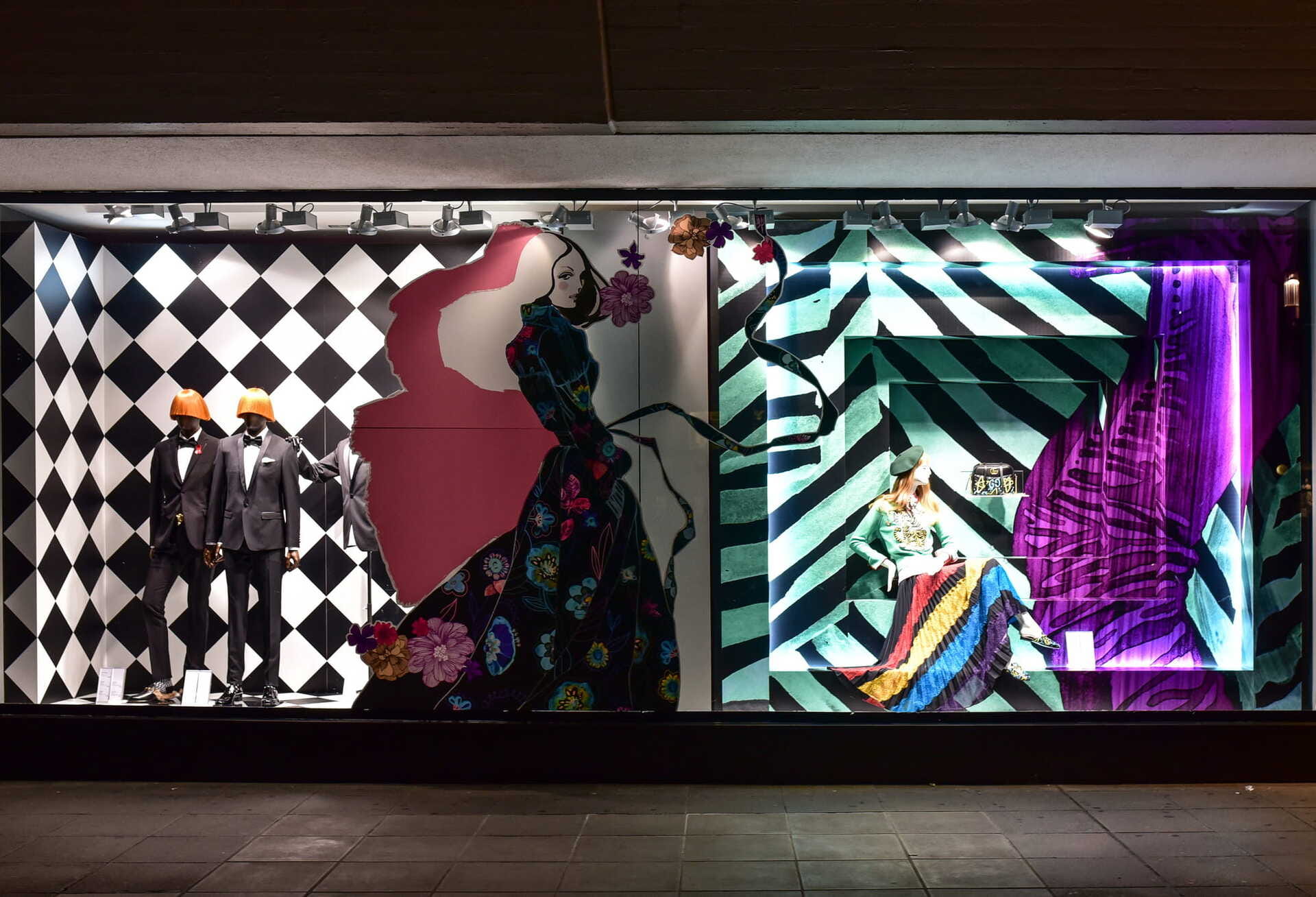 Schaufensterinstallation für Breuninger mit modischer Inszenierung und grafischen Elementen