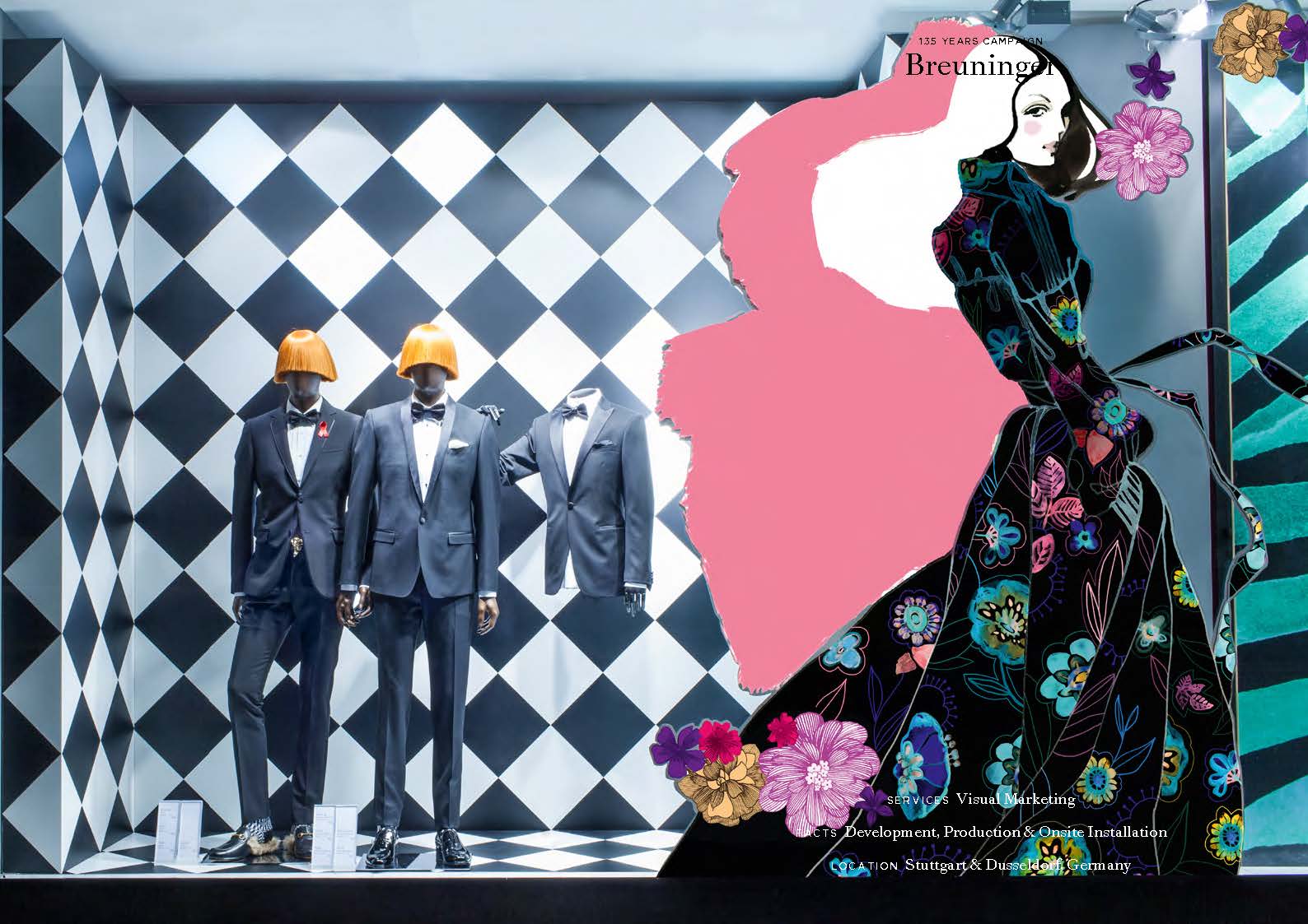 Schaufenster mit eleganten Anzügen und künstlerischen Illustrationen bei Breuninger