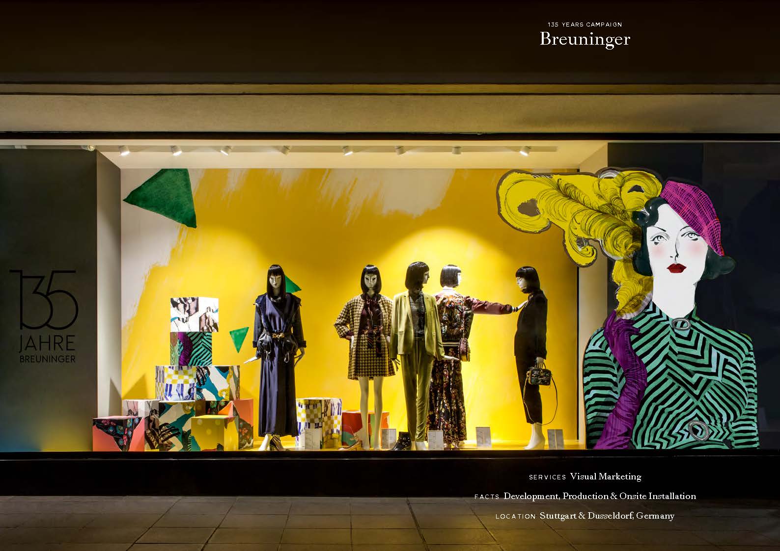 Stilvolles Breuninger Schaufenster mit modischer Präsentation und grafischen Elementen zum Jubiläum
