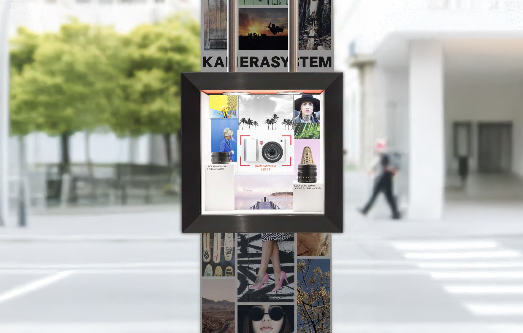 Detailansicht einer Leica T-Kamera mit kreativen Fotografien und Bildinspirationen in einem modernen Schaufensterdesign, gestaltet von MORE PIOUS STUDIOS.