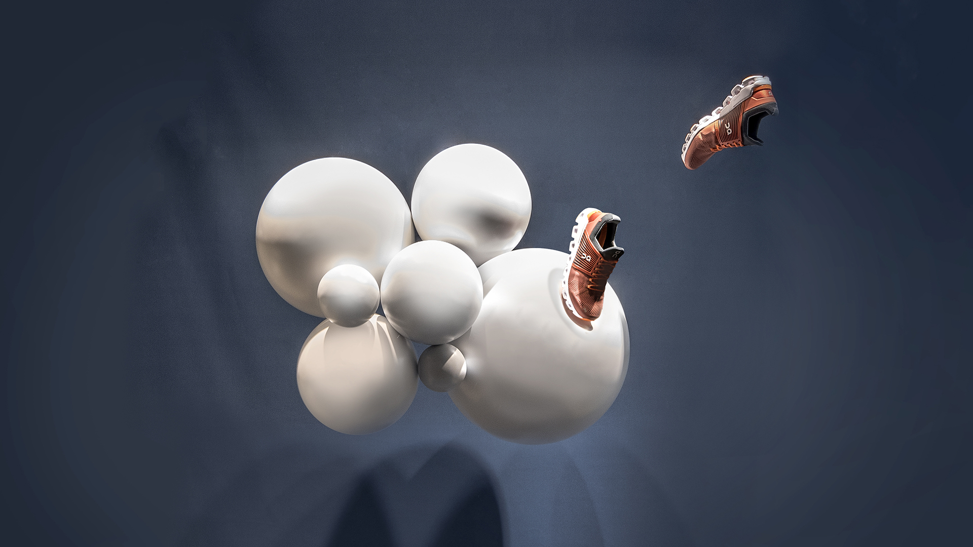 Luftaufnahme eines ON Helion Schuhs auf weißen Kugeln mit schwebendem Effekt