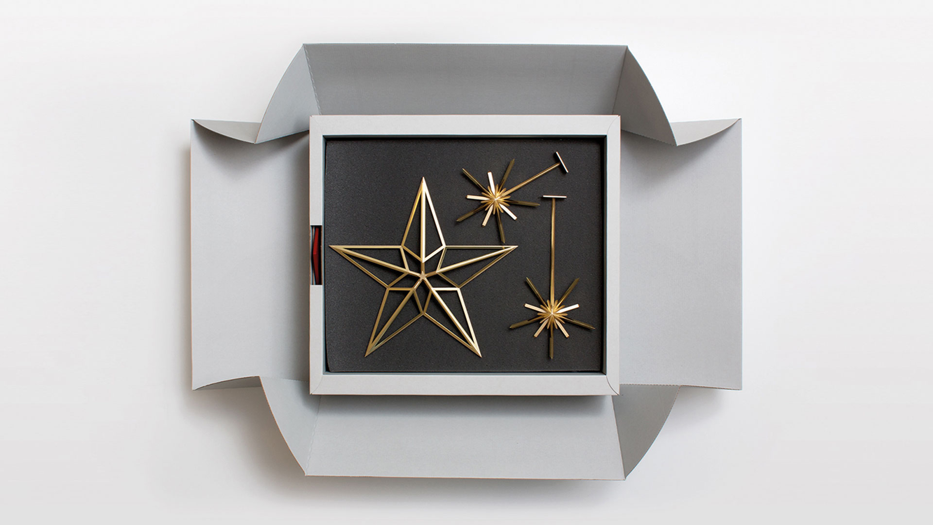 Offene Omega-Verpackungsbox mit goldenen Stern-Dekorationen auf schwarzem Samt.